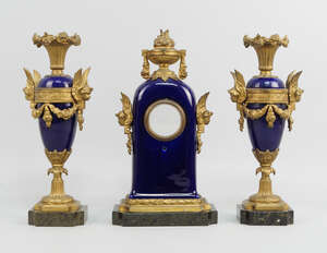 
	
		A Continental  blue pottery and gilt metal clock case, late 19th/early 20th century,...