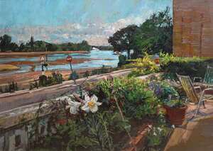 
	
		William Bowyer RA, 
		British 1926-2015- 
		Heron House Garden, Chiswick; 
		oil on...