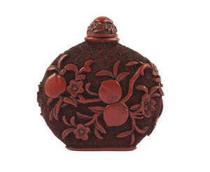 
	
		A Chinese cinnabar lacquer snuff bottle, 18th century, finely carved with a peach branch...