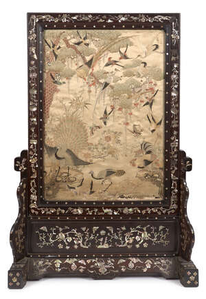 
	
		A Chinese hardwood and mother-of-pearl inlaid table screen and stand, mid-19th century, 