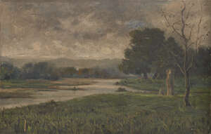 
	
		Alexis Cowparet, 
		American 1856-1906- 
		 
		River landscape with woodland and...