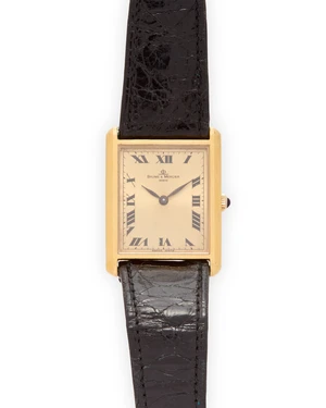 Baume & Mercier. A manual wind rectangular wristwatch Reference 37059, Case number 769049, Circa 1980Jewelled BM manual wind movement, champagne dial with pri