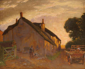 
	
		Charles Daniel Ward ROI, 
		British 1872-1935- 
		 
		View of a farmyard; 
		 
		oil...