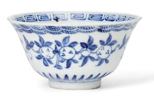 
	
		A Chinese porcelain 'pomegranates' bowl, 19th century, painted in underglaze blue to the...