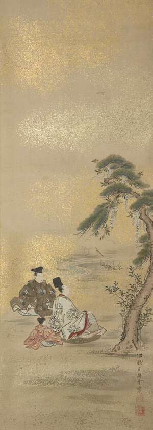 
	
		Tsukioka Sessai, Japanese 1761-1839, hanging scroll, ink and colour on gold-flecked...