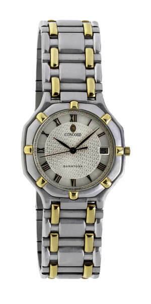 
	
		A two colour ' Saratoga' quartz wristwatch, by Concord, the silvered textured dial with...