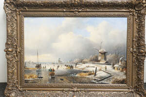 
	
		Charles Henri Leickert, 
		Belgian 1818-1907-
		 
		Dutch winter scene with skaters on...