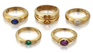 
	
		Five gem-set rings, comprising: a sapphire ring and a diamond ring by Garrard & Co,...