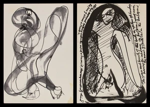 Kishore Chatterjee (Indian 1938-2011),Three drawings: Figure with poem; Seated figure; Trees at...