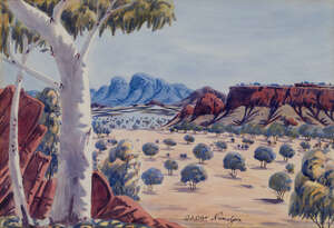 Oscar Namatjira, 
		Australian 1922-1991- 
		View of the Macdonnell ranges; 
		watercolour on paper, signed 'Oscar Namatjira' lower right, 37 x 52.5