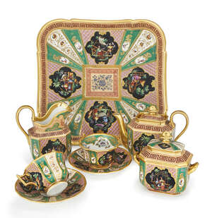 
	
		A Paris porcelain tete-a-tete service, 19th century, decorated with figural reserves of...