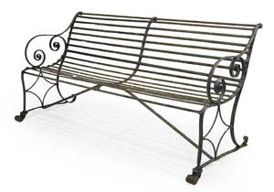 An English black-painted wrought-iron garden bench, early 20th century, with scroll arms, 182cm wide