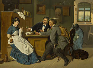 
	
		German School, 
		mid-late 19th century
		 
		Two suitors with a woman in a tavern...