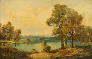 
	
		Circle of Wilhelm Bradenberg, German 1889-1975- Lake by the mountains; oil on canvas,...
