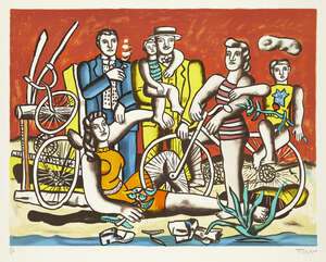 
	
		Fernand Leger, 
		French 1881-1955- 
		 
		Les Loisirs Sur Fond Rouge, 1949; 
		 
		