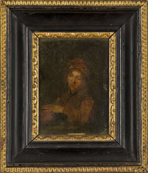 Follower of Samuel Dirksz van Hoogstraten, 
		Dutch 1627-1678- 
		 
		Portrait of a young boy, seated half-length warming his hands; 
		 
		oil on panel