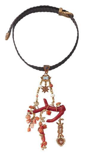 
	
		A coral, pearl and blue topaz pendant necklace, by Percossi Papi, the leather collar...