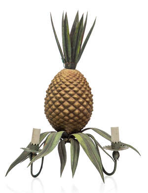 
	
		A polychrome painted metal pineapple wall light,
		c.1960,
		Modelled as a pineapple...