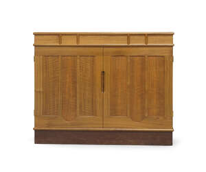 
	
		Alan Peters (1933-2009), a Devon walnut and rosewood cabinet, 1989, the two panelled...
