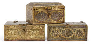 
	
		Three Ottoman engraved and silver inlaid brass caskets, Egypt or Syria, 18th - 19th...
