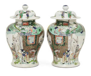 
	
		A pair of Chinese porcelain vases and covers, 19th century, painted in famille verte...