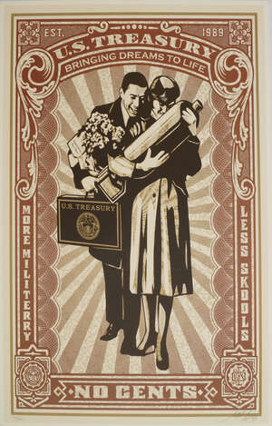 Shepard Fairey,
American b.1970-
 
Proud Parents, 2007;
 
offset lithograph in colours on creamy...