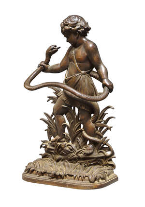 
	
		An English cast-iron stick stand, early 20th century, cast in relief with the figure of a...