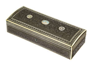 
	
		A carved Bombay black wood box with painted ivories, India, circa 1880, of rectangular...