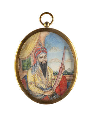 
	
		A Sikh portrait on ivory of a maharaja with sword, North India, circa 1850, gouache on...