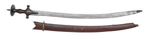 A bronze hilted tulwar, India, 19th century, the gently curved steel blade with thickened spine, the hilt plain, wood sheath with brown leather sheath and meta