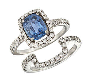 
	
		A sapphire and diamond cluster ring and matching diamond eternity ring, the cluster ring...