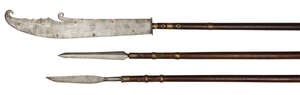 
	
		A set of three Chinese polearms, 19th century, two with steel spearhead, one with broad...