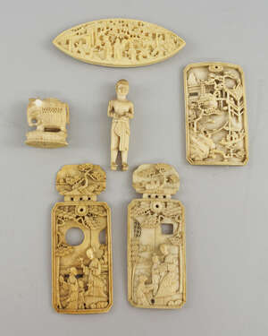 
	
		A Chinese export ivory thread winder, Canton, 19th century, of navette shape, decorated...
