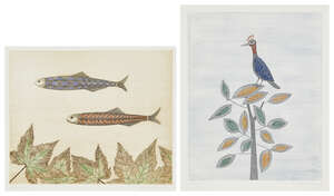 
	
		Keiko Minami, 
		Japanese 1911-2004-
		 
		Aigrette and Two Fish c.1977;
		 
		two...