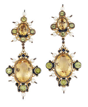 
	
		A pair of citrine, peridot and cultured pearl drop earrings, probably by  Percossi Papi 