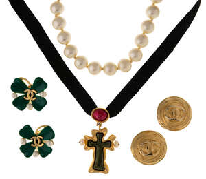 
	
		A group of costume jewellery,  comprising: two pairs of gilt earclips, by Chanel, one of...