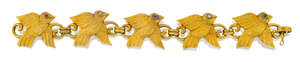 A bird design panel bracelet, composed of five panels each modelled as a flying bird and each set alternately with a diamond, emerald, ruby, sapphire or diamon