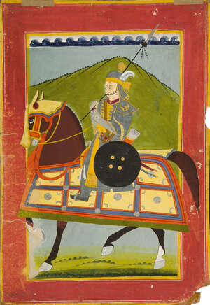 
	
		An equestrian portrait of a Rajput ruler in armour, Rajasthan, North India, early 19th...