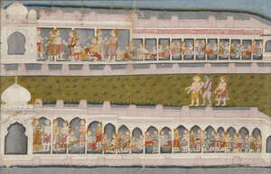 
	
		A palace scene from the Ramayana, Kangra or Guler, circa 1800, opaque pigments on paper...