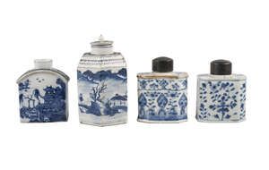 Four Chinese porcelain tea canisters, 17th-early 19th century, comprising a hexagonal example painted in underglaze blue with a continuous landscape (matched c