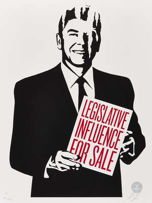 
	
		Shepard Fairey,
		American b.1970- 
		 
		Legislative Influence for Sale, 2011; 
		 
		