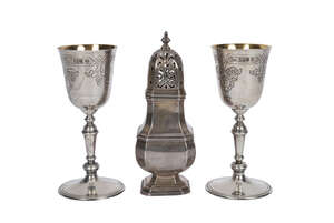 
	
		A pair of Irish silver goblets, Dublin 1973, Royal Irish Silver Co., engraved bowls with...