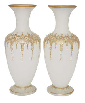 
	
		A pair of large opaline and gilt glass vases, late 19th/early 20th century, decorated to...