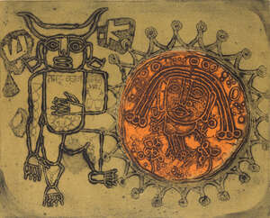 
	
		Mumtaz J. A. Khan (Indian, b. 1947), Ramdu-Kraj, Intaglio print in colours, Signed,...