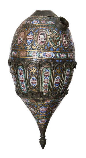 
	
		A Qajar enamelled copper water pipe, Iran, 19th century, of ovoid form with tapering...