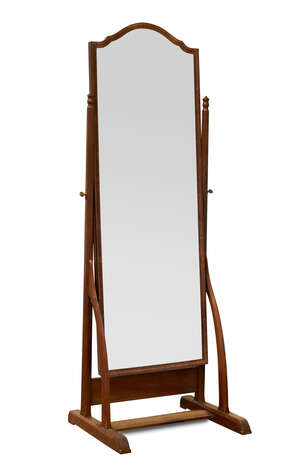
	
		Gordon Russell (1892-1980), an English walnut cheval mirror
		c.1930, applied metal tag...