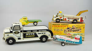 
	
		A Marx friction powered emergency service pick up truck, together with a Marx Highway...