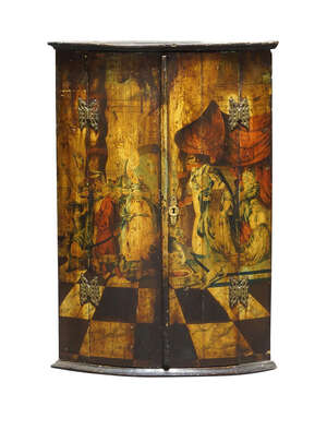 
	
		An Italian bow front corner cupboard, late 18th century, painted with scene depicting the...