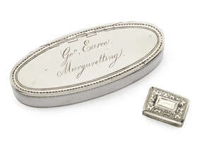 A George III silver oval snuff box, London c.1796, Cornelious Bland, with concealed hinged side opening, engraved Geo. Earee, Margaretting, 9.5cm, together wit