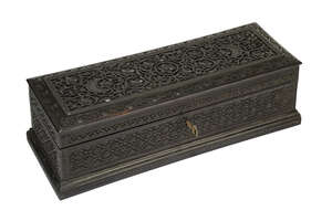 
	
		A carved Bombay wood box, India, 19th century, of rectangular form, carved to the lid...